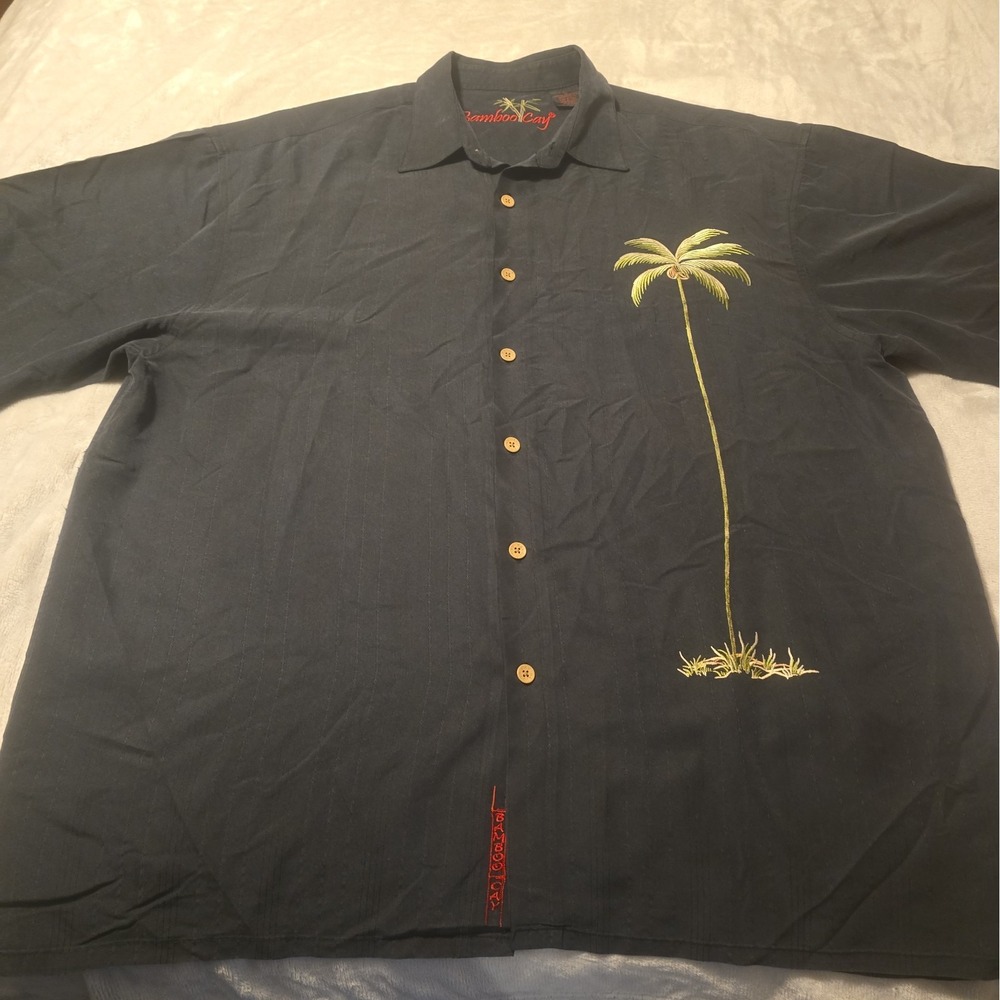 Bamboo Cay Mens Short Sleeve Single Palm Tree Hawaiian Shirt Black XL Embroidery